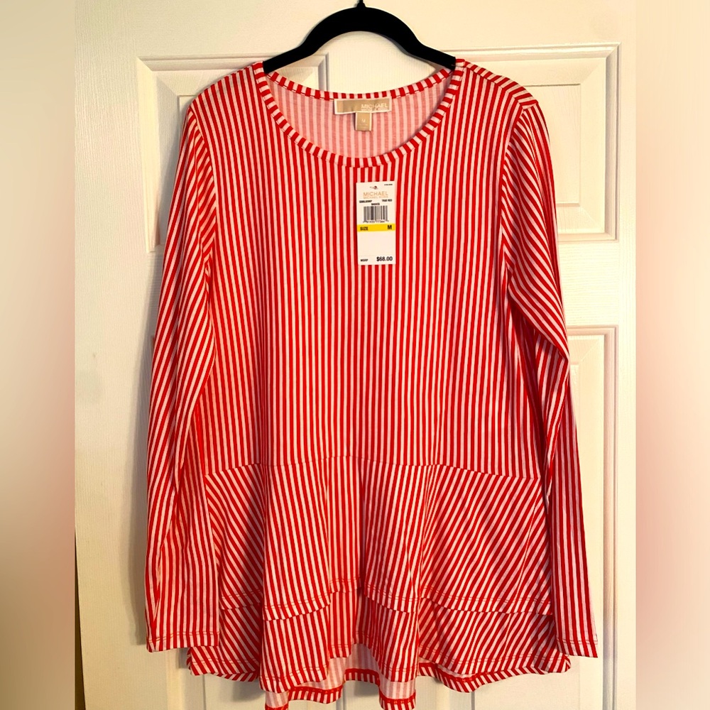 NWT Medium Michael Kors Red/White Stripe Peplum Top Longsleeve